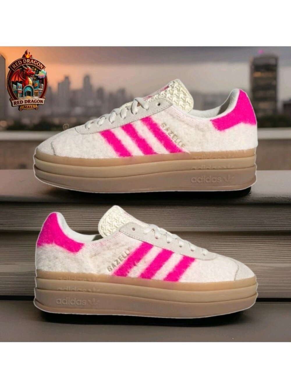 Adidas Gazelle Bold White Shock Pink Fur Trim Sneakers JS3908 - Women's Size 7